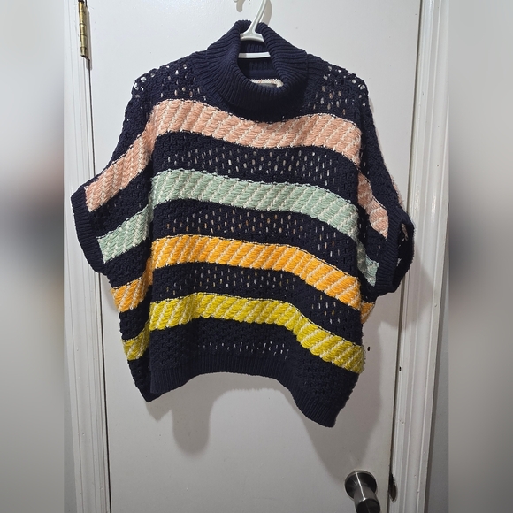 Anthropologie Navy Striped Turtle Neck Sweater Poncho sz OS - Picture 3 of 10